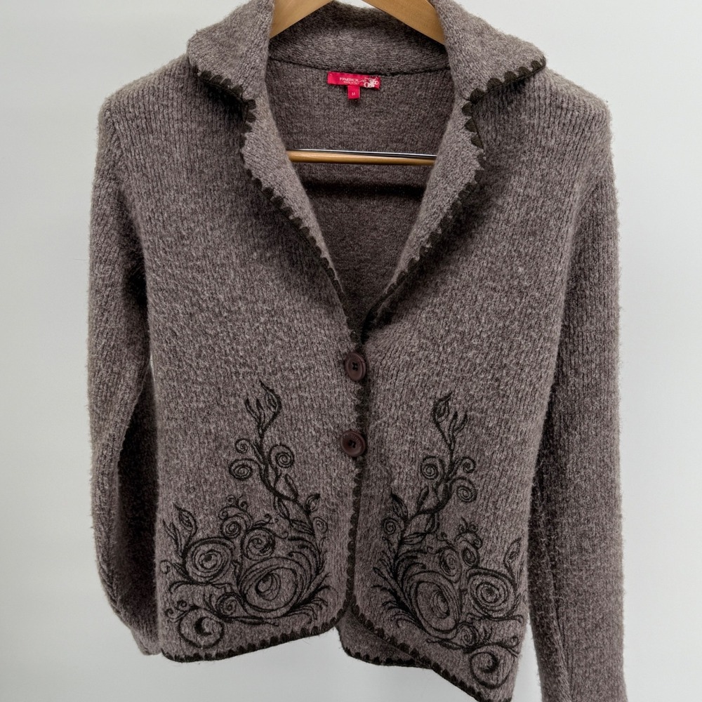 Fabiola Italy Brown Wool Blend Embroidered Button Front Cardigan Jacket